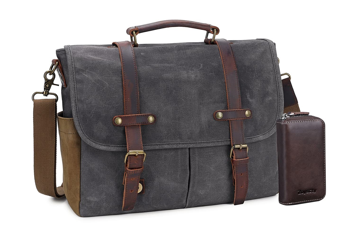 Waterproof Leather Canvas Messenger Bag for 15.6″ Laptop, Large Shoulder Bag