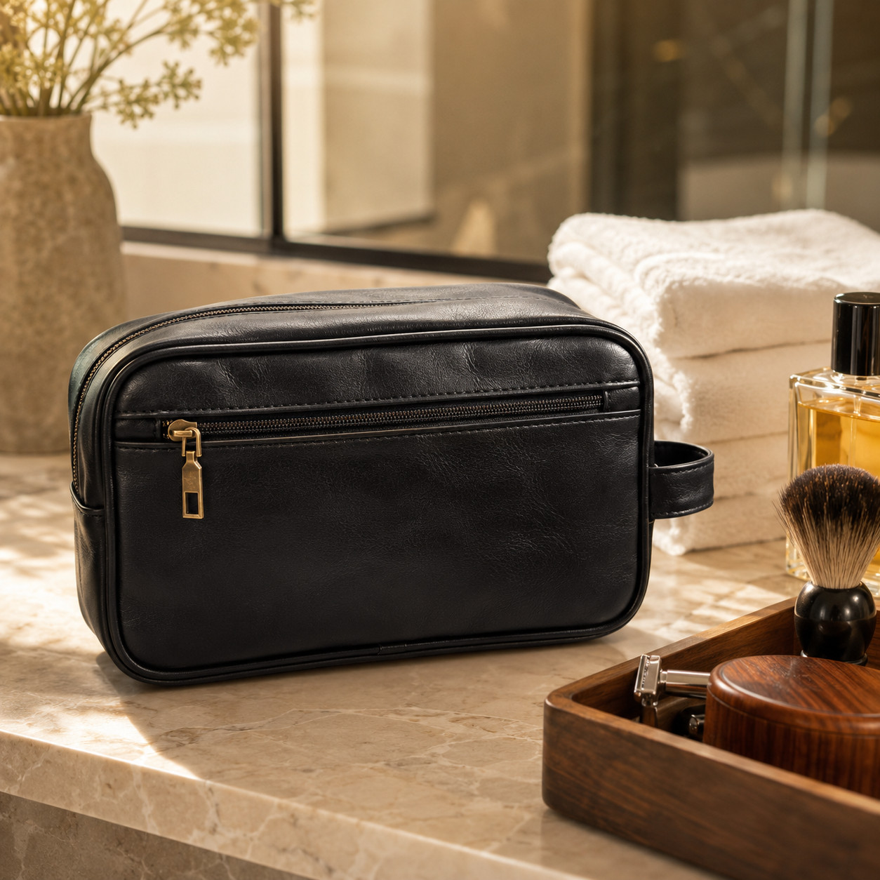 Mens Womens Black Leather Dopp Kit Toiletry Travel Bag New