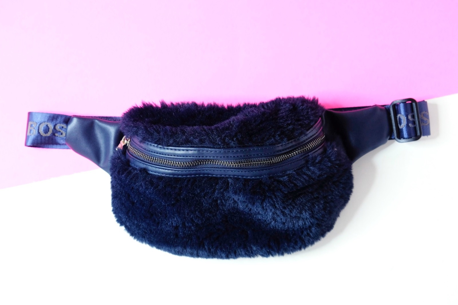 Hugo Boss Belt Bag Faux Fur Fuzzy Waist Fanny Pack Dark Blue