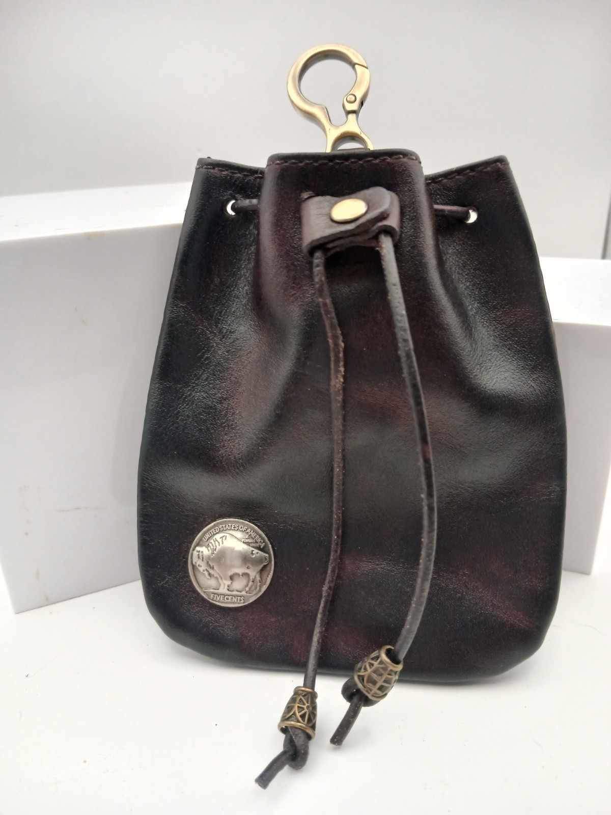 NEW Handmade Leather Riding Pouch Drawstring Bag Buffalo Nickel Beltloop Clip