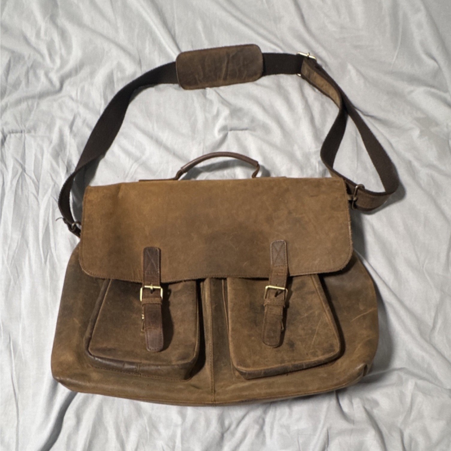 KomalC Brown Leather Messenger Bag Buckle/Zip Adjustable Strap Pockets Handle