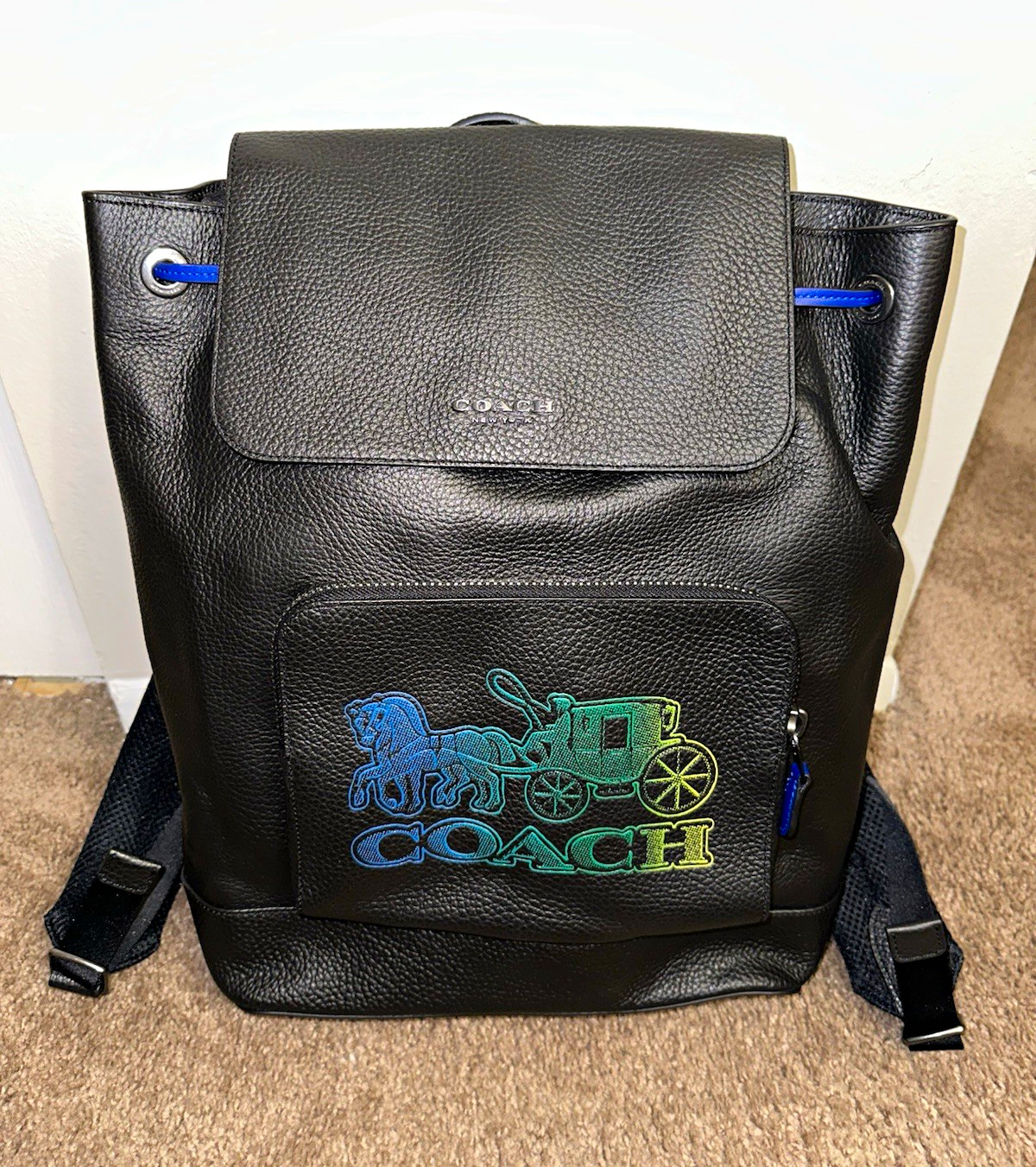 Coach Turner Backpack, Black Pebble Leather, Buckle Flap