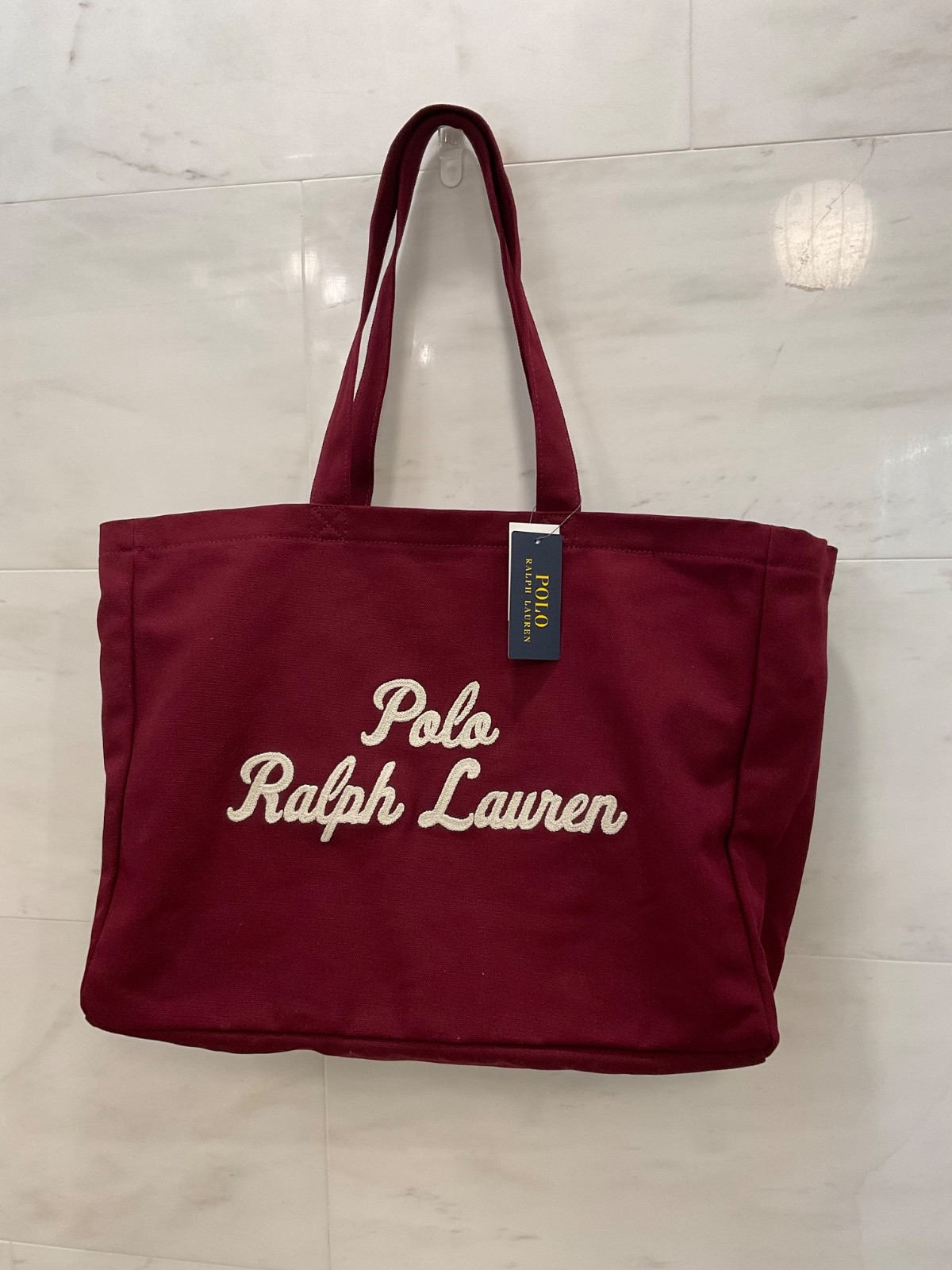 NWT Polo Ralph Lauren BURGUNDY Cotton Chain Stitch Embroidered Canvas Tote Bag