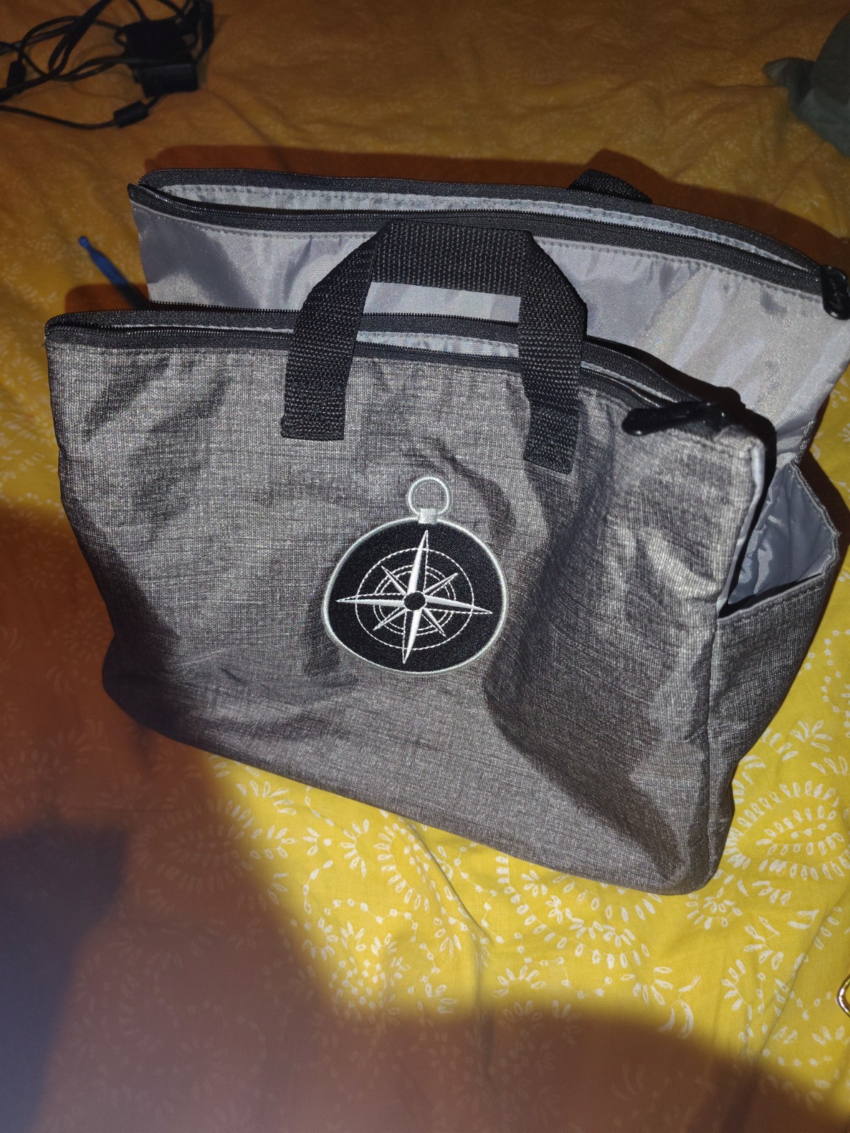 Gray Zip Briefcase/Document Case w/ Double Handles, Inner Pockets, Compass Patch