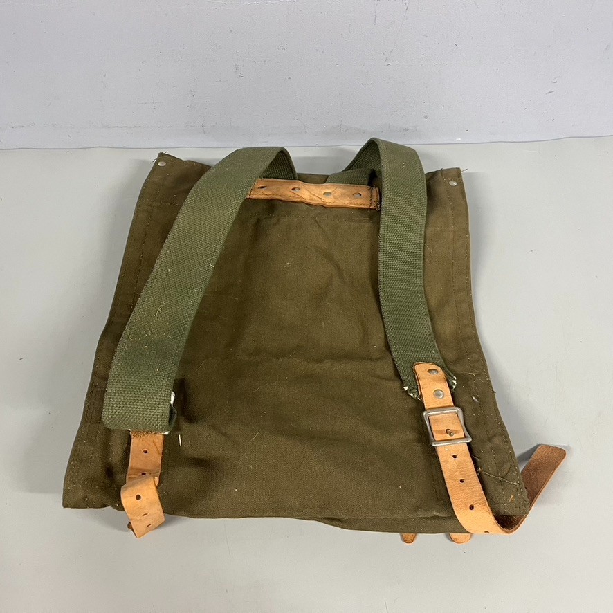 VTG Canvas Leather Rucksack Backpack Army Green Olive Drab Outdoor Travel
