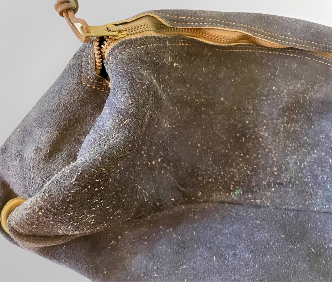 Vintage SUEDE Zippered Gear Bag Brass Zipper Distressed Western Navy 18×8” USA