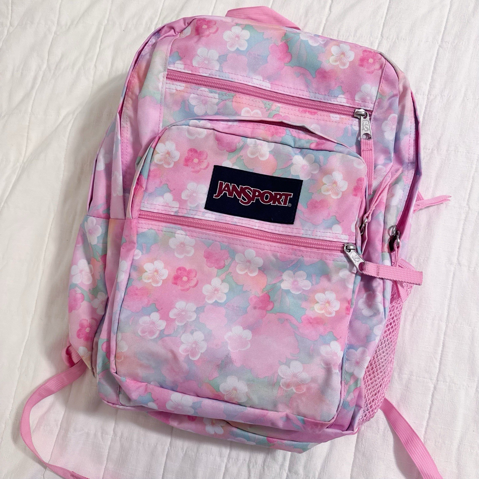 JanSport Big Student Backpack Neon Daisy Floral Print Pink