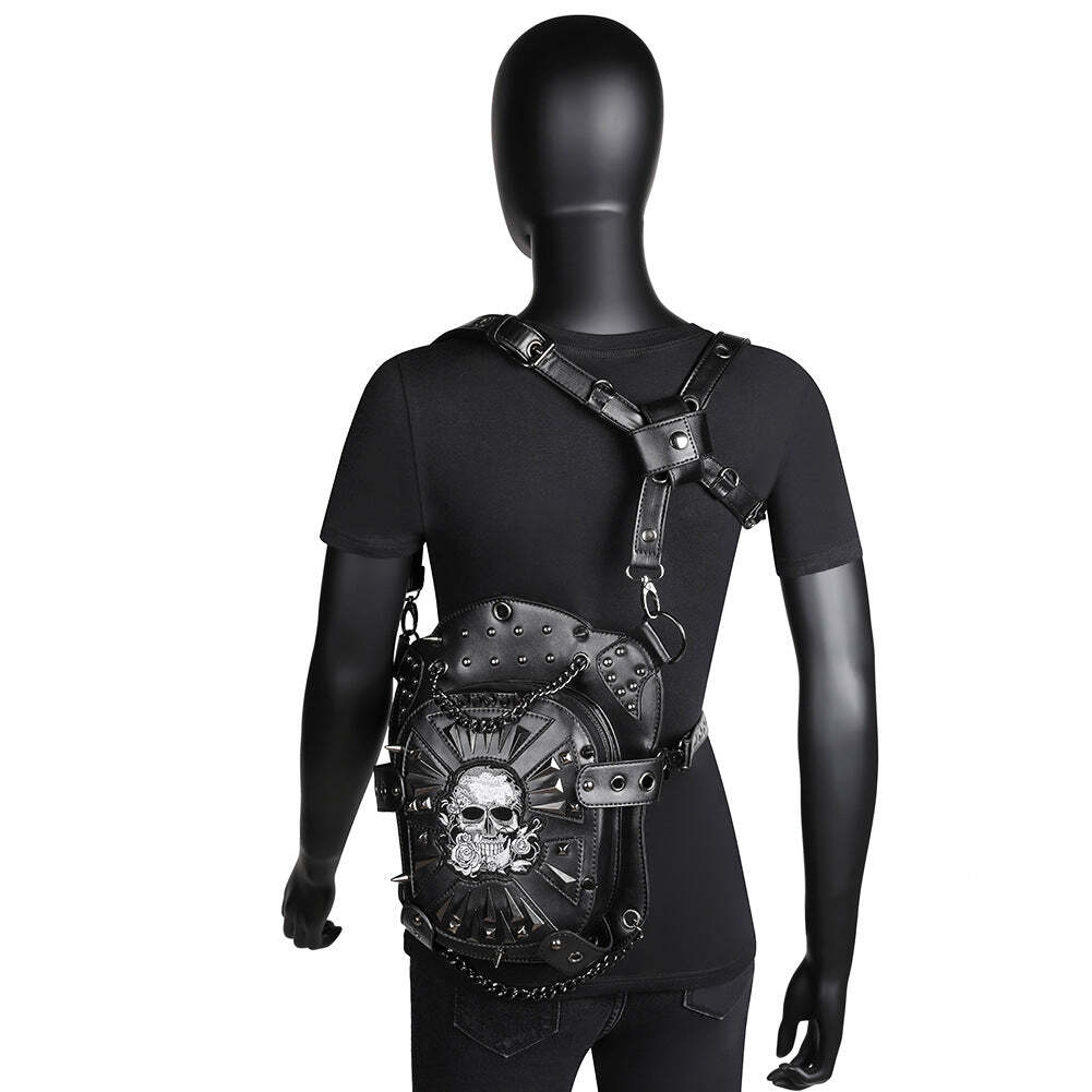 Embroidered Skull Spikes Rivets & Chains Black Leather Backpack