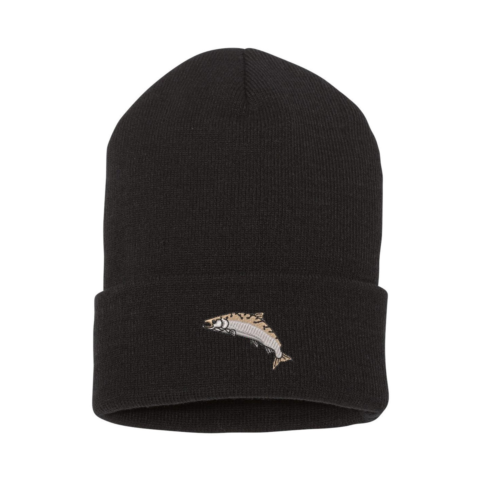 Wildlife Salmon embroidered beanie hat, custom embroidered beanie, fishing hat