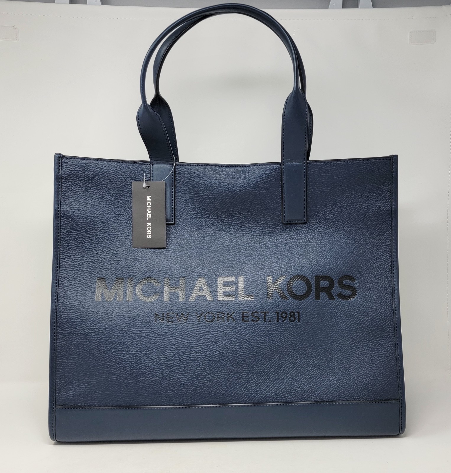 Michael Kors Cooper Men MK Logo Embossed Structured Pebble Leather Navy Tote