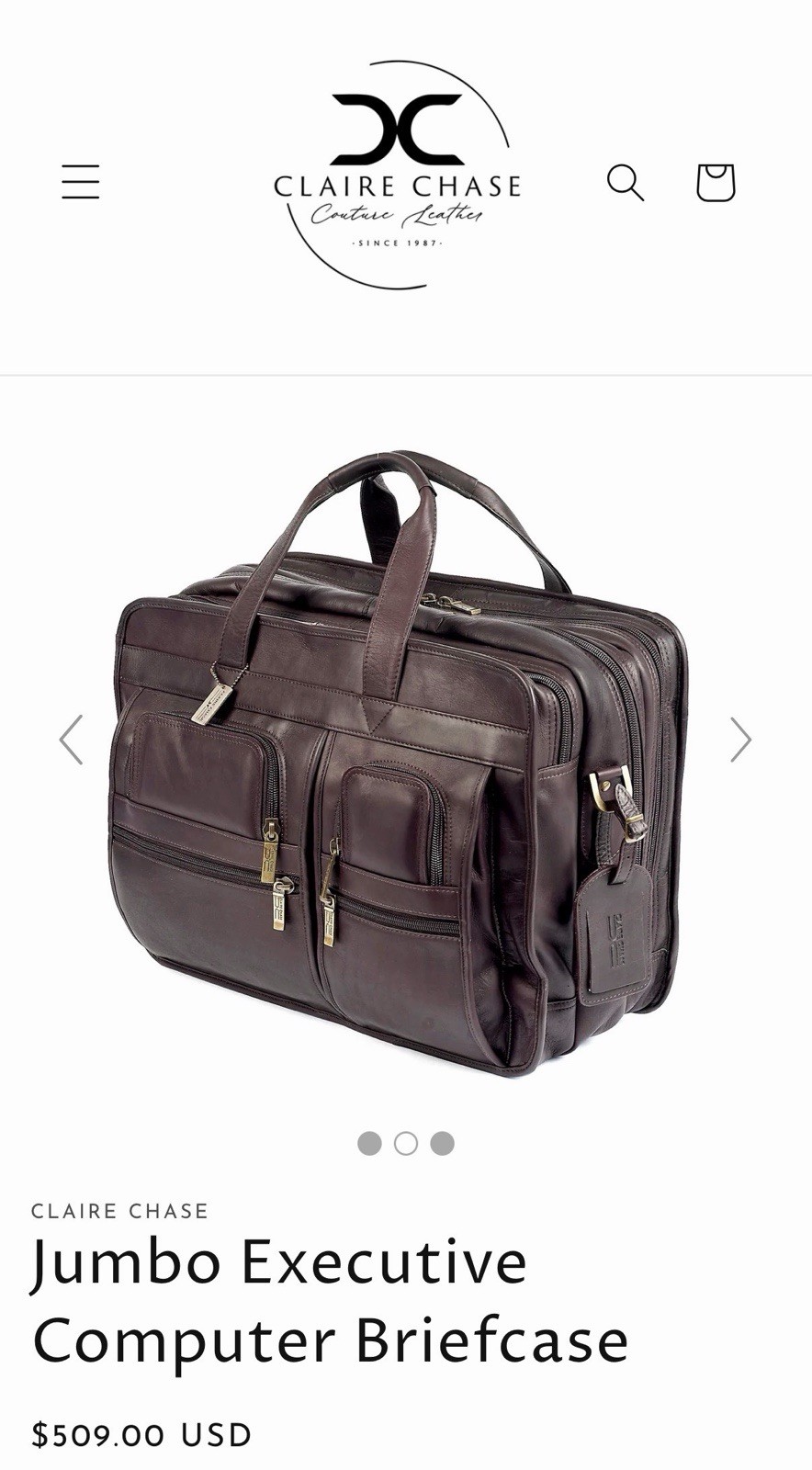Claire Chase Jumbo Executive Computer Briefcase 100% Cowhide Leather Color Cafe