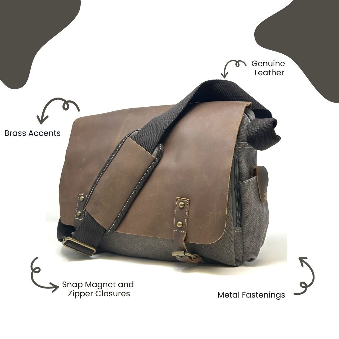 R&R Leather: Genuine Leather and Canvas Laptop Messenger Bag – Medium Grey