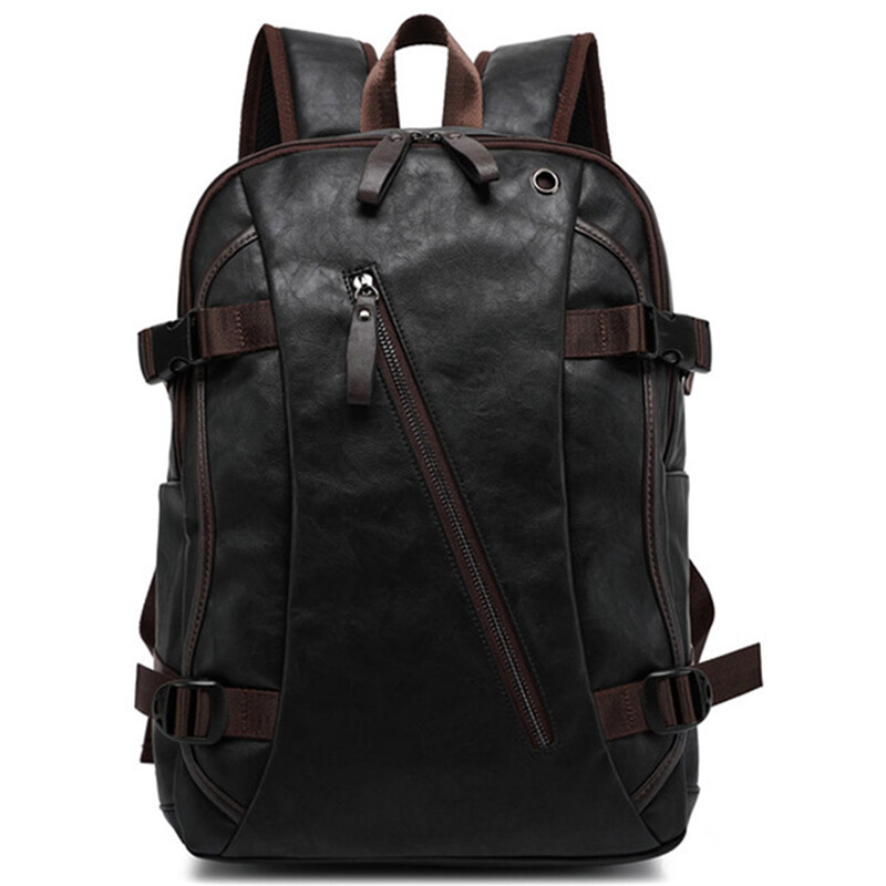 Leather Backpack for Men Zipper Closure Double Adjustable Straps Side Pocket Bag