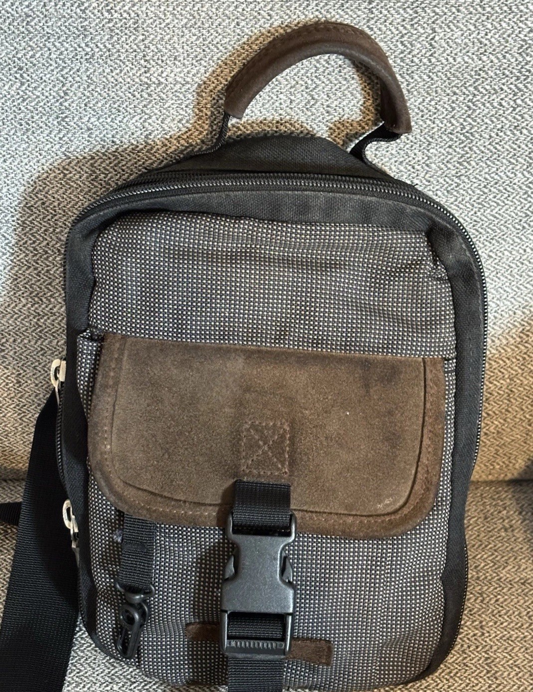 Vintage Eddie Bauer Gray W/ Brown Leather Unisex Messenger Crossbody Travel Bag