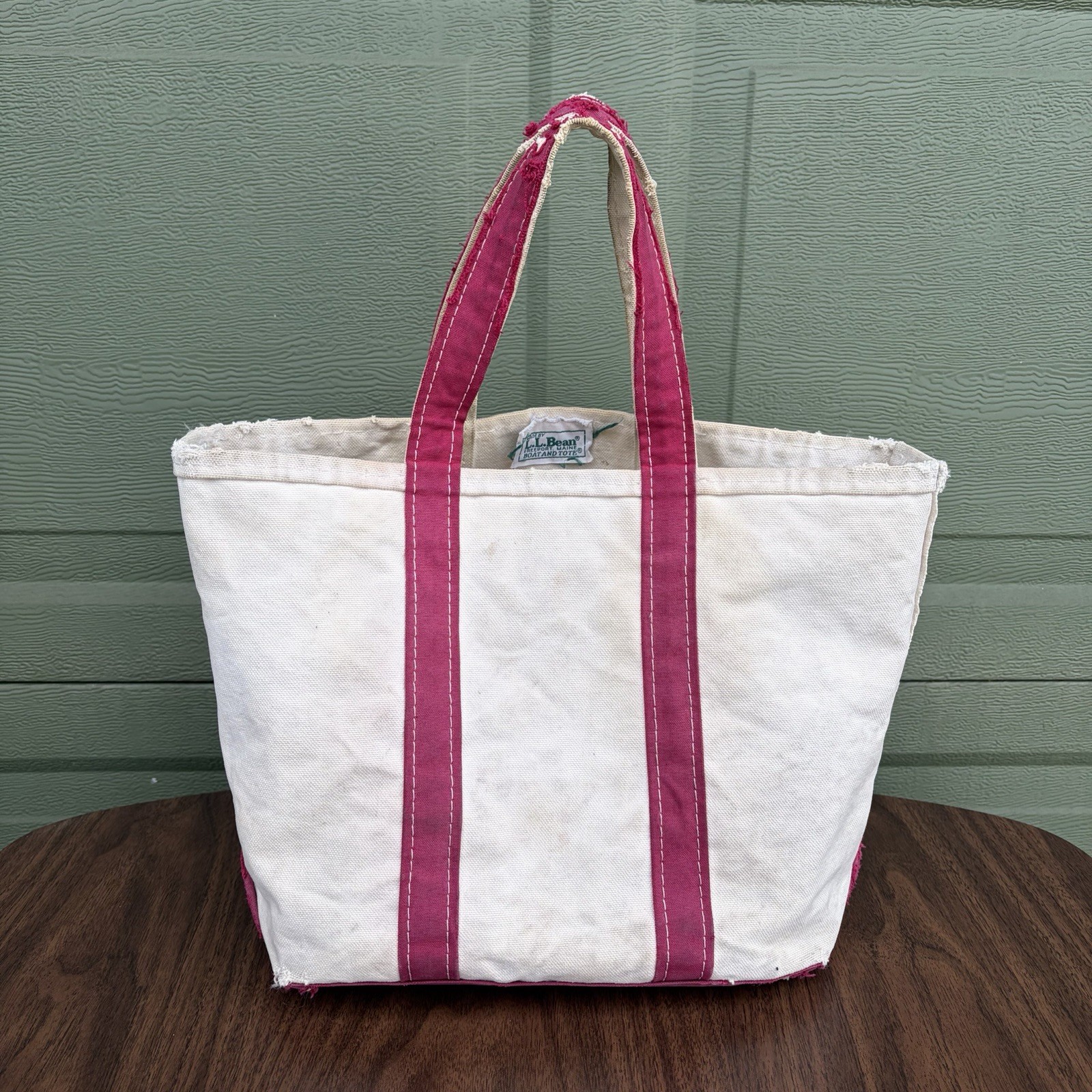 Vintage 80s LL Bean Boat & Tote Bag USA Canvas Beige Red Size S/M Distressed