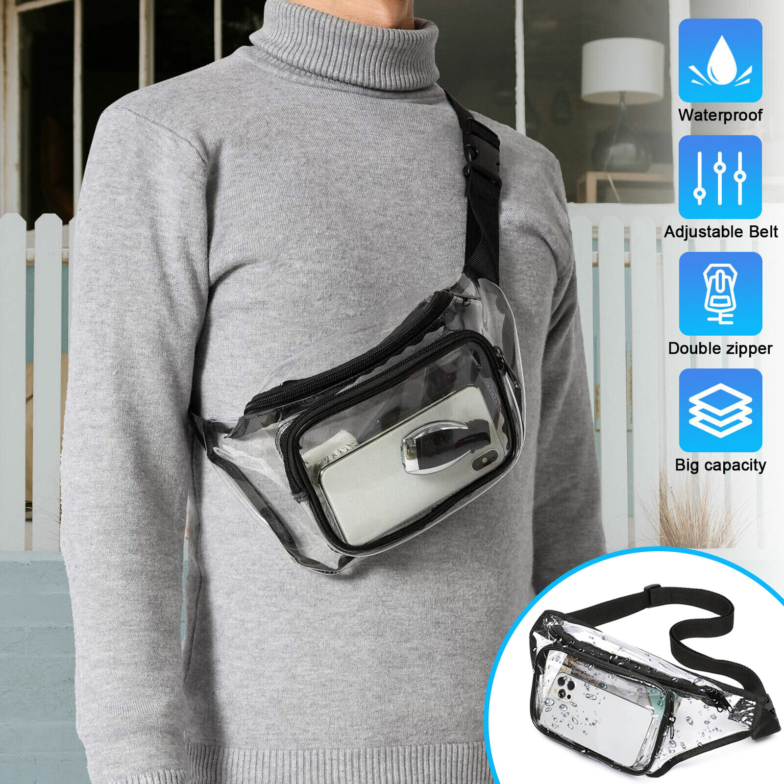 Waterproof Men Women Waist Bag Clear Fanny Pouch Outdoor Travel Pack Adjustable
