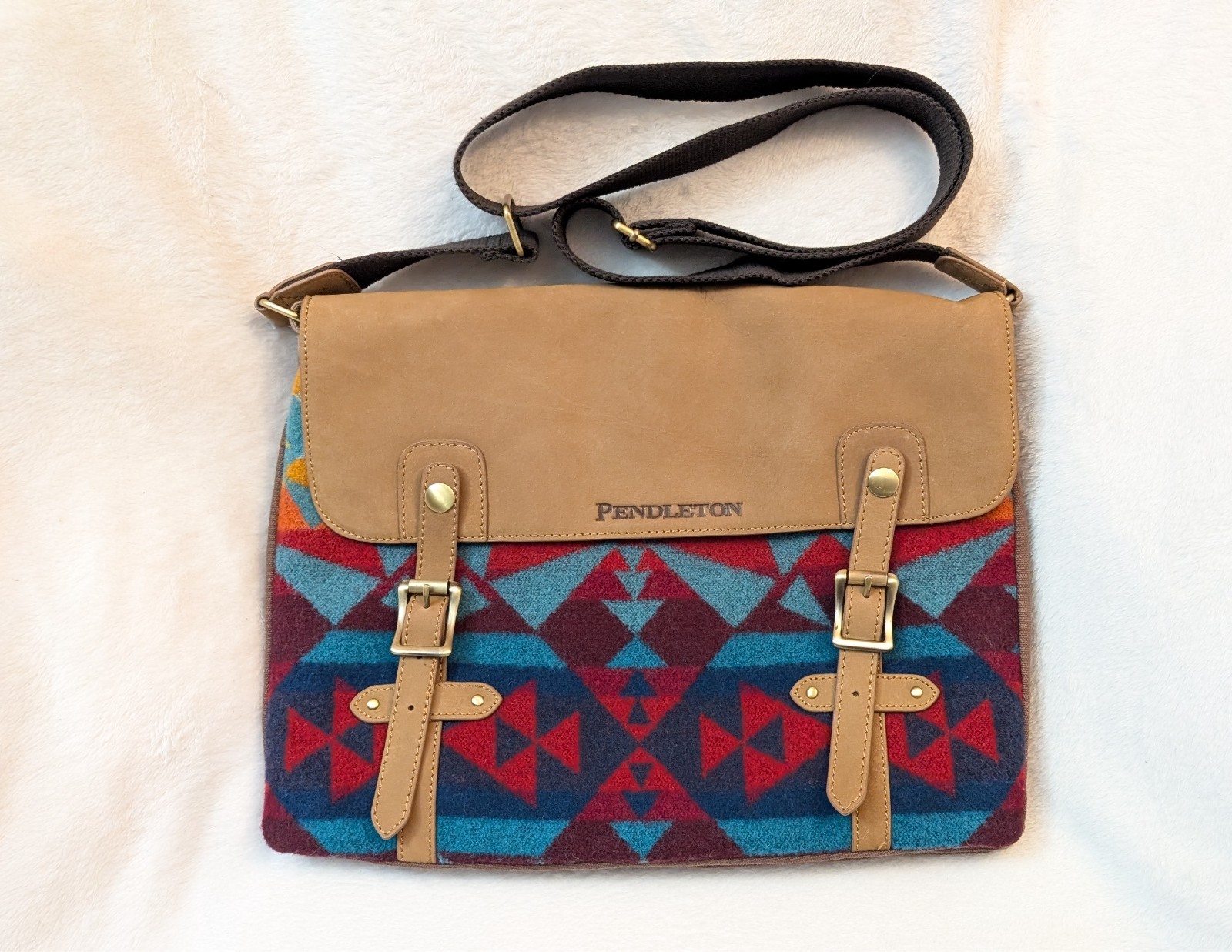 Vtg Pendleton Leather blue red wool Messenger Laptop Bag crossbody EUC