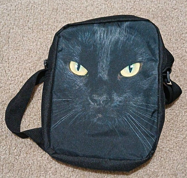 Black Cat Face Animal Print Small Crossbody Bag Zip Closure Adjustable Strap