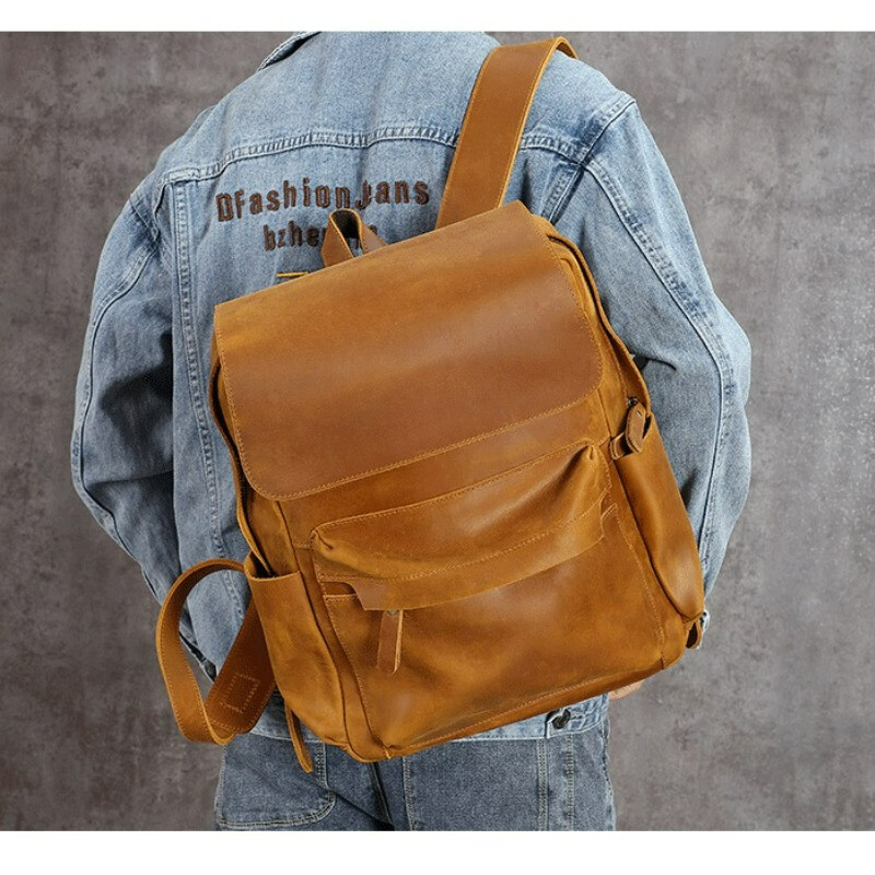 Men’s Leather Retro Large Capacity Backpack Casual Travel Bag Computer Bag