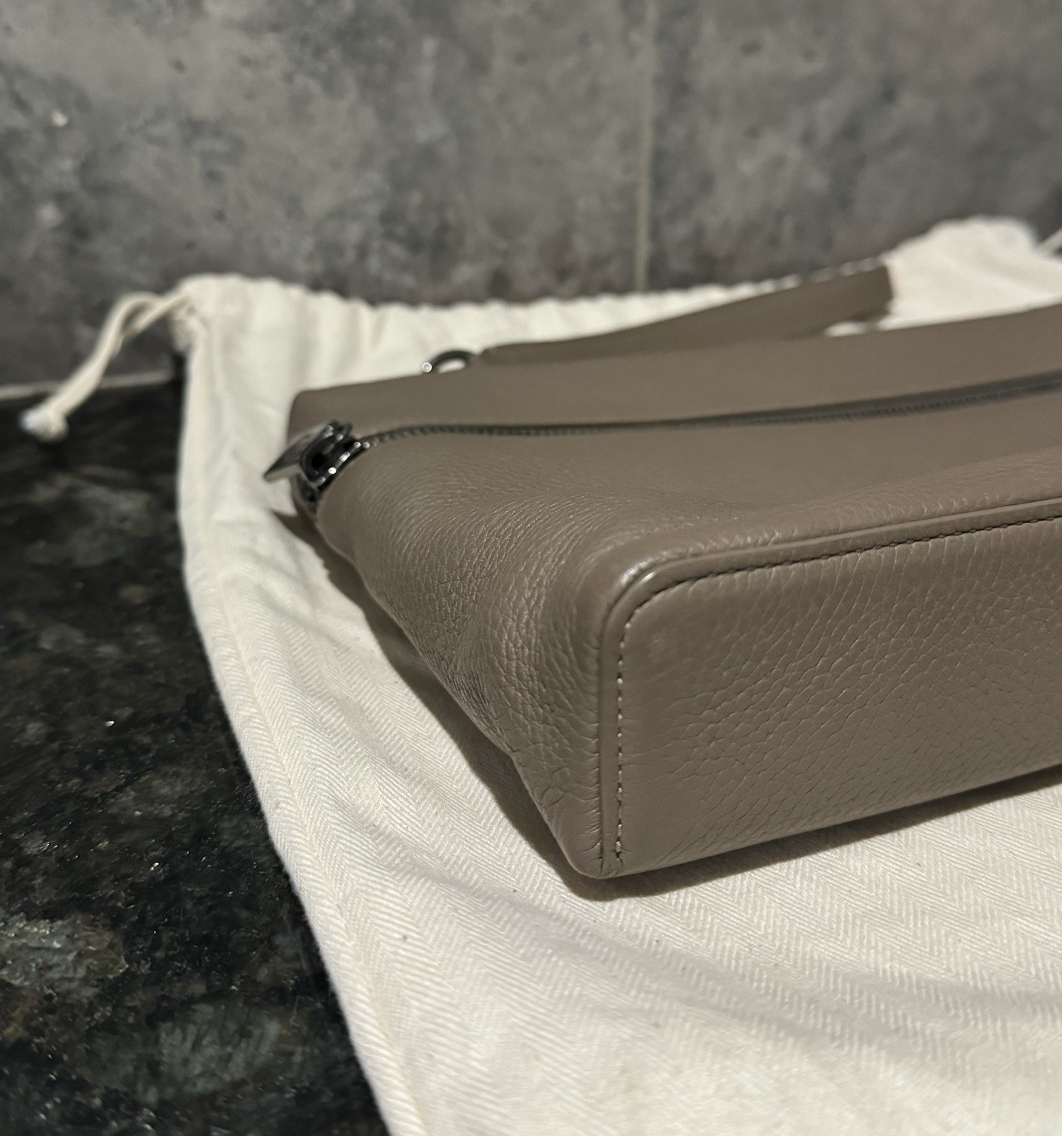 LORO PIANA ‘Extra Pouch L29’ Grained Calfskin Leather Bag Warm Mastic Onyx $2250