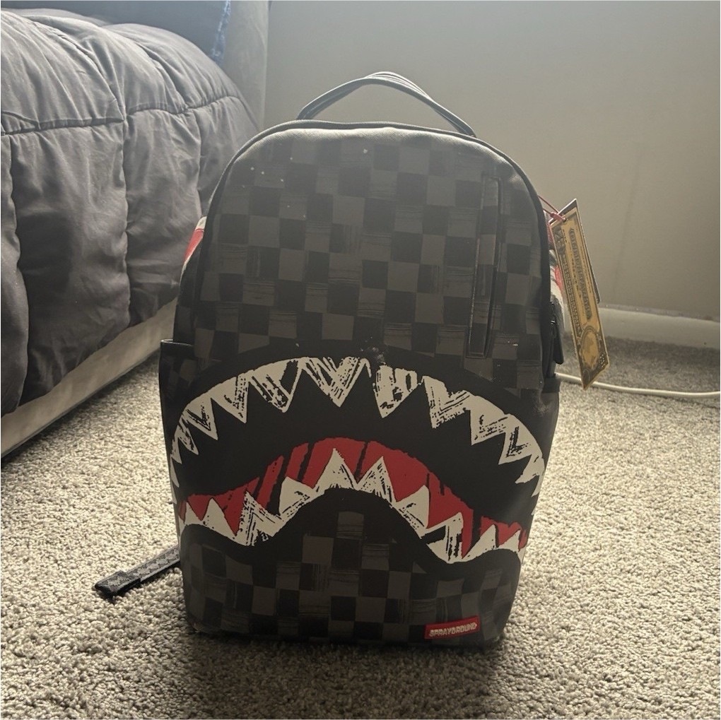 Sprayground Shark Mouth Checkered Backpack Zip Adjustable Straps Mens Med