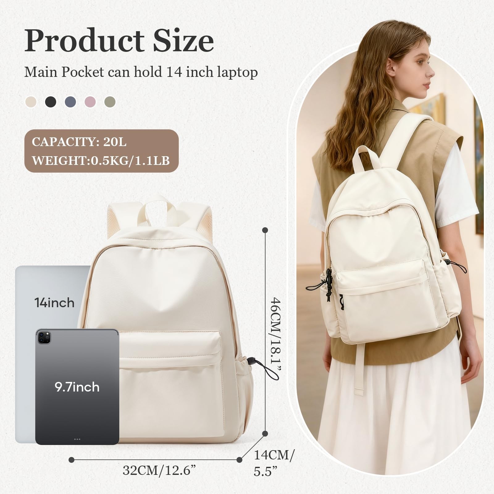Middle School Backpack Men Women Simple College Aesthetic Waterproof Beige