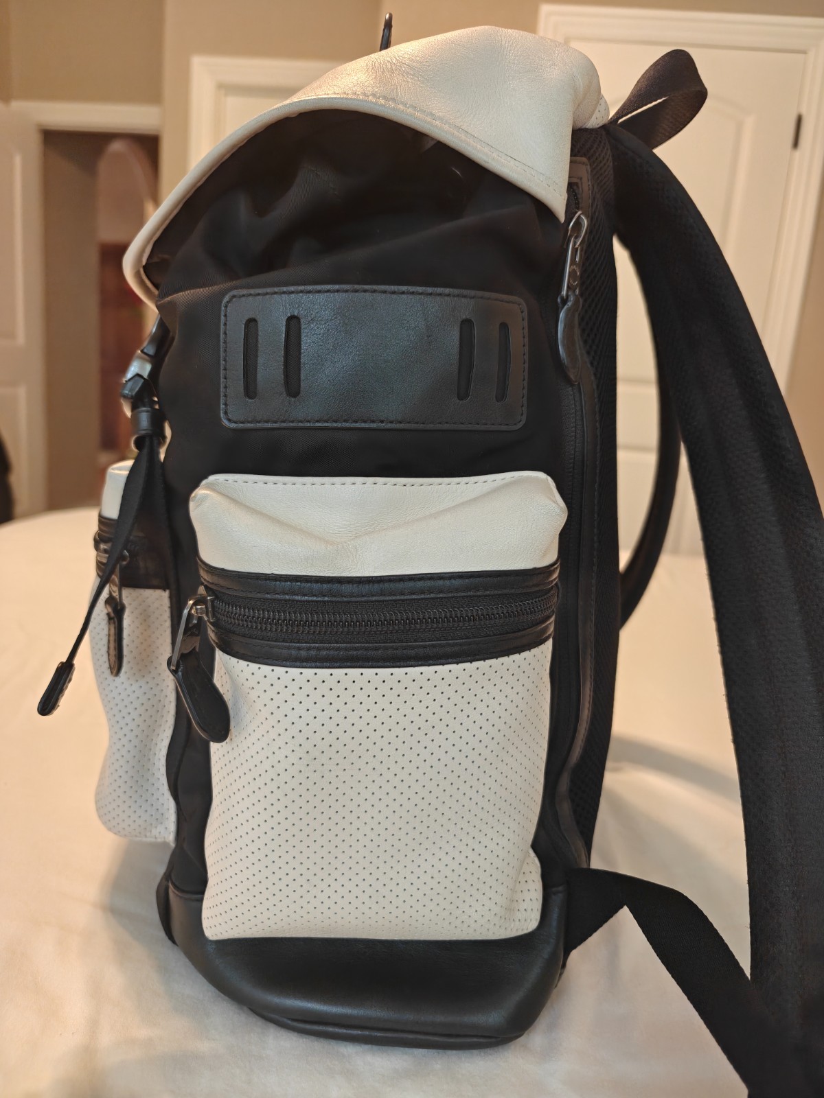 Coach Terrain Trek Backpack Perforated Leather Laptop Bag Black Chalk F57477