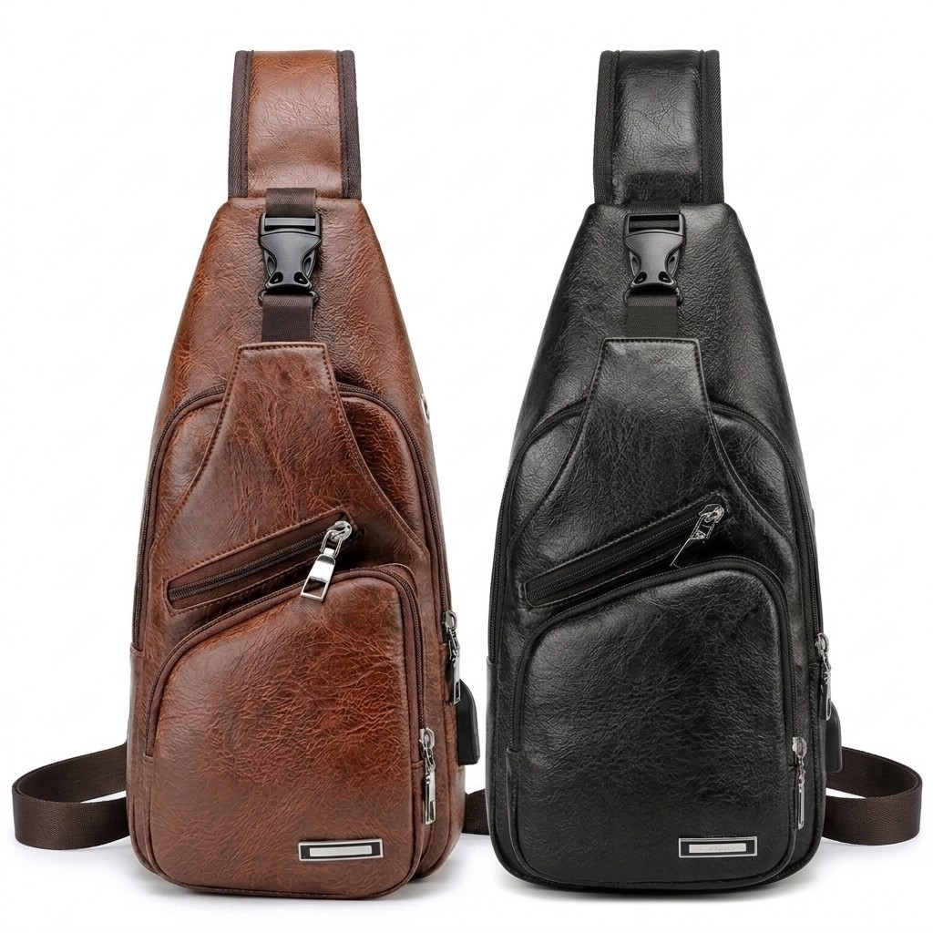 ​2-Pack Men’s Sling Backpack Set: Black & Brown Crossbody Bags w/ USB Port