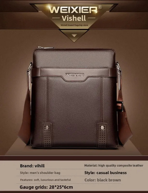 Solid Color Black Brown Leather Men’s Crossbody Bag, Casual Large Capacity.