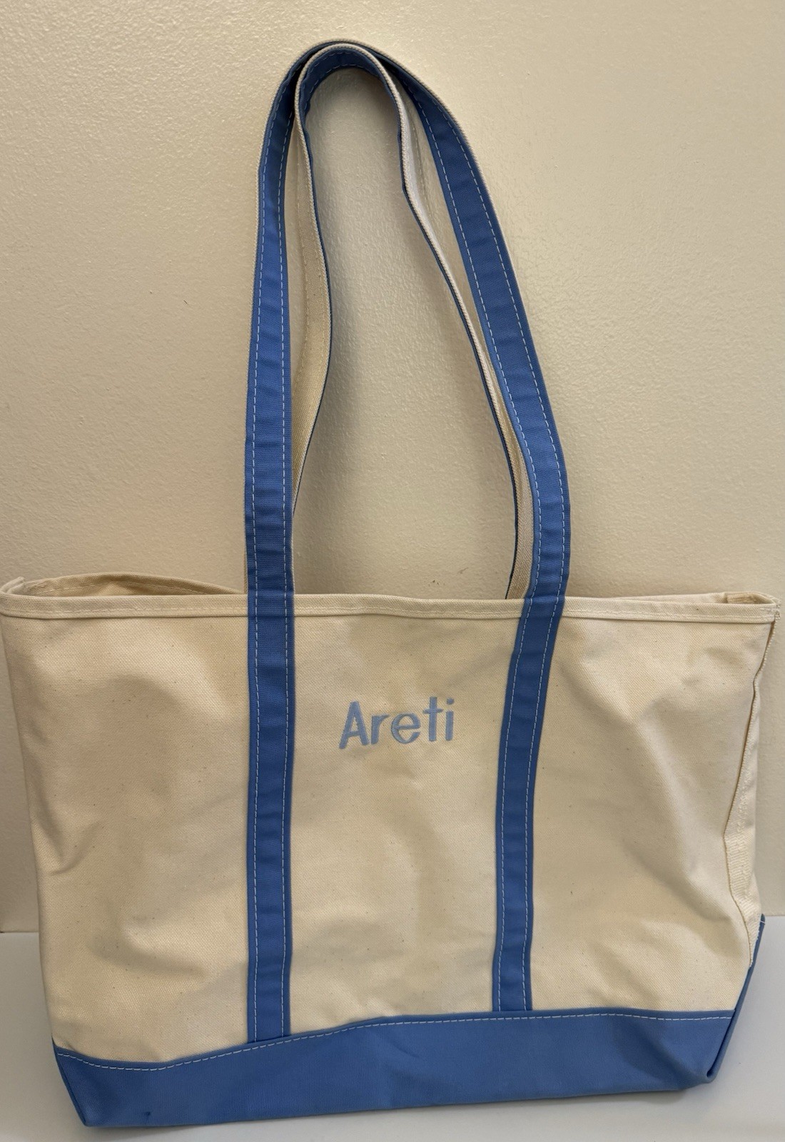 L.L. Bean Boat and Tote XL Canvas Bag Ivory and Blue Trim Name Embroidered