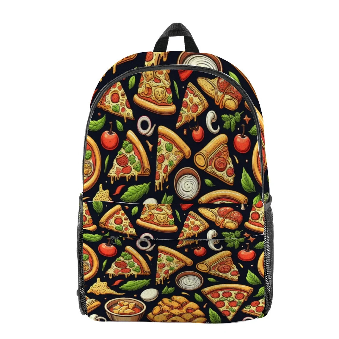 Tasty Pizza Pattern On Black Background AOP Travel Backpack 17.3″ x 10.2″ x 5.9″
