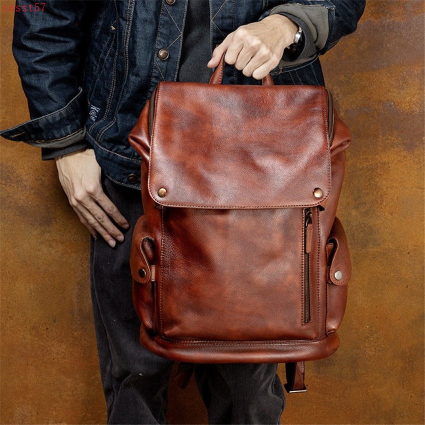 Handmade Really Cow Leather Backpack Vintage Men’s Casual Travel Bag Laptop Bag