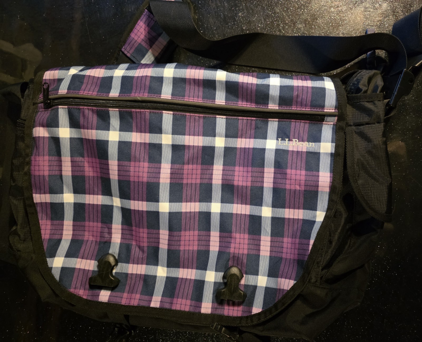 L.L.Bean Plaid Messenger Bag Black Purple Blue White Buckle Zip Medium