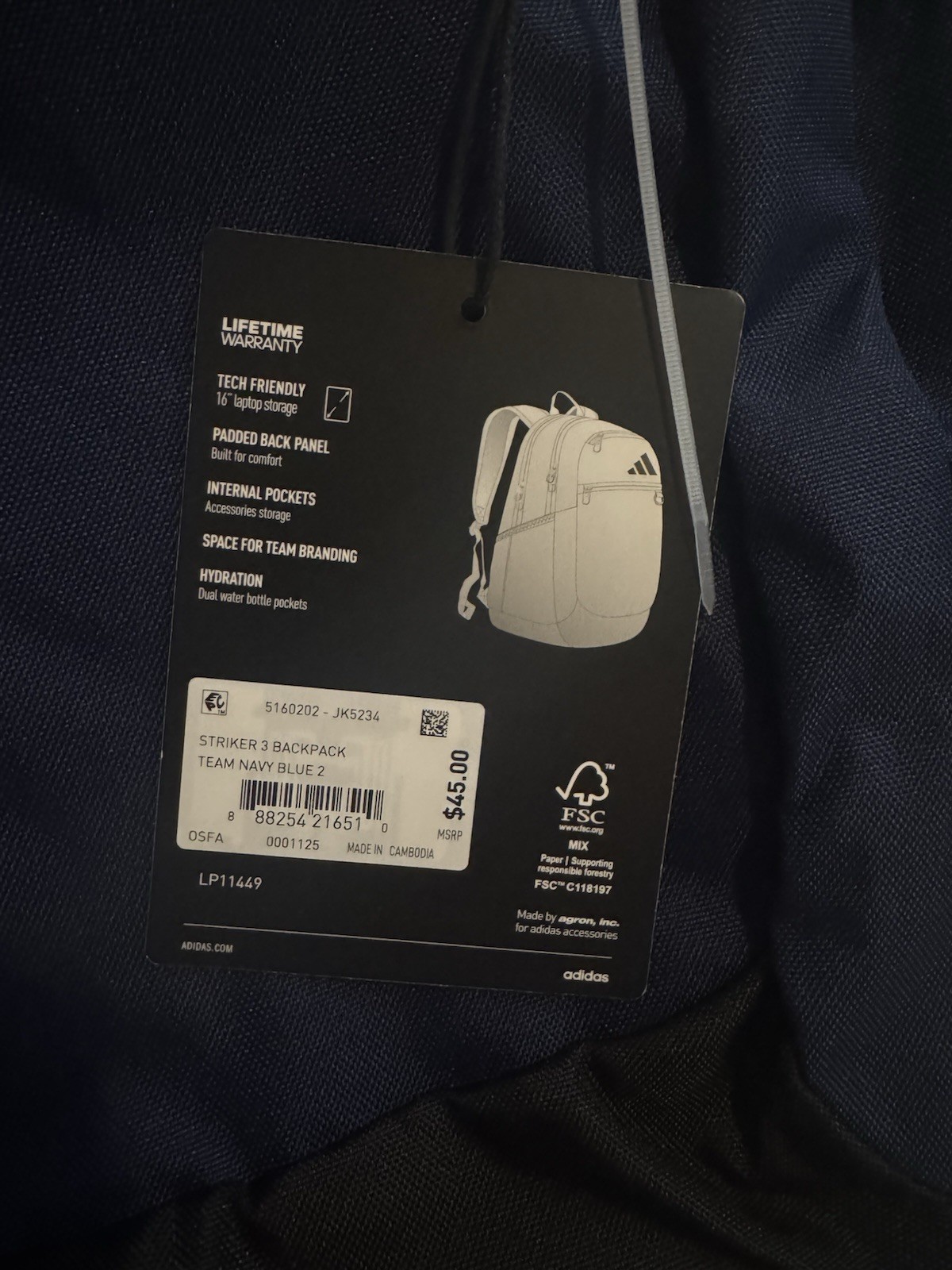 adidas Striker 3 Backpack Team Navy Blue OSFA Padded Zip Bottle Pocket