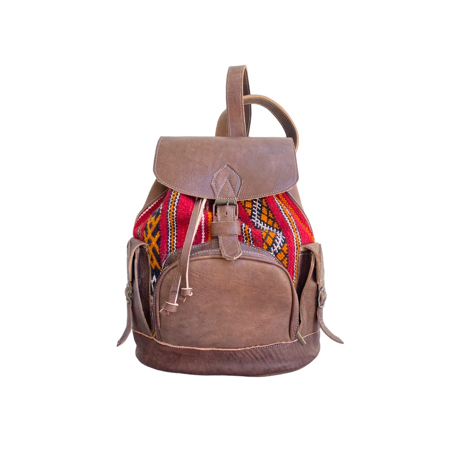 Brown Leather Kilim Backpack Red Handmade Morocco 2 Zip Pockets Artisan