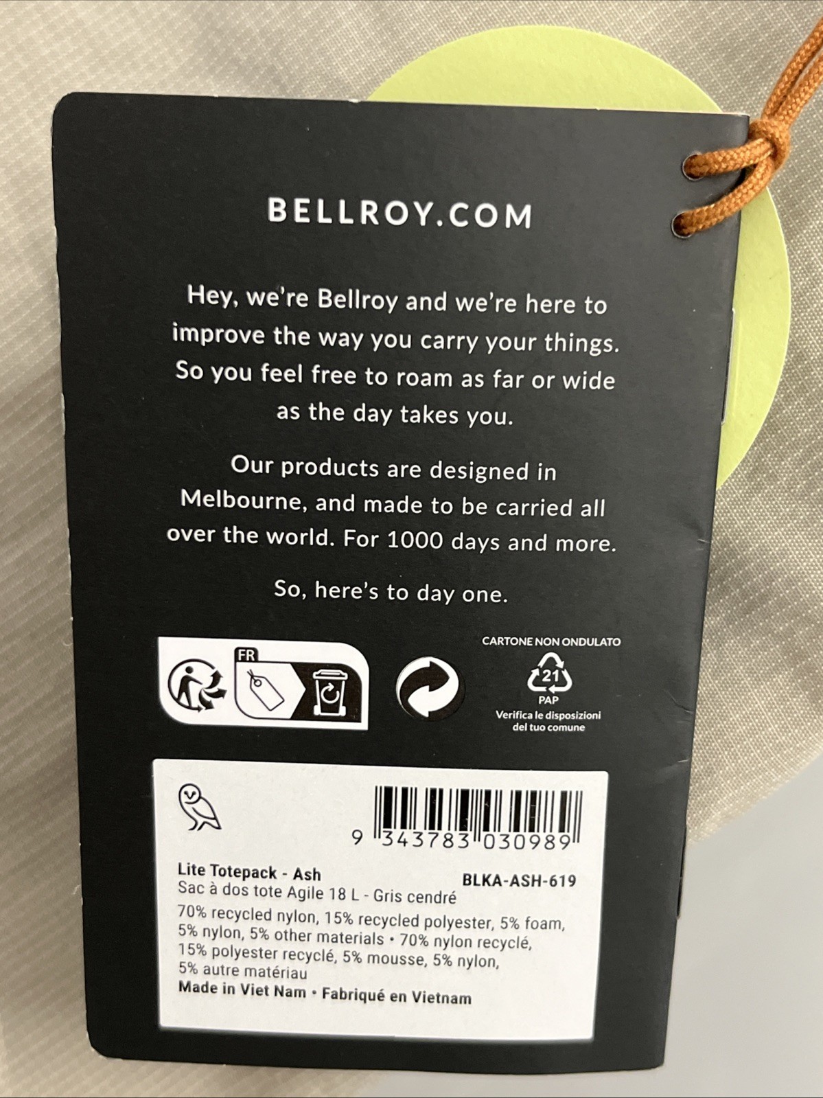 Bellroy Lite Totepack Backpack Combo, 18L, Grey/Ash Color, NWT