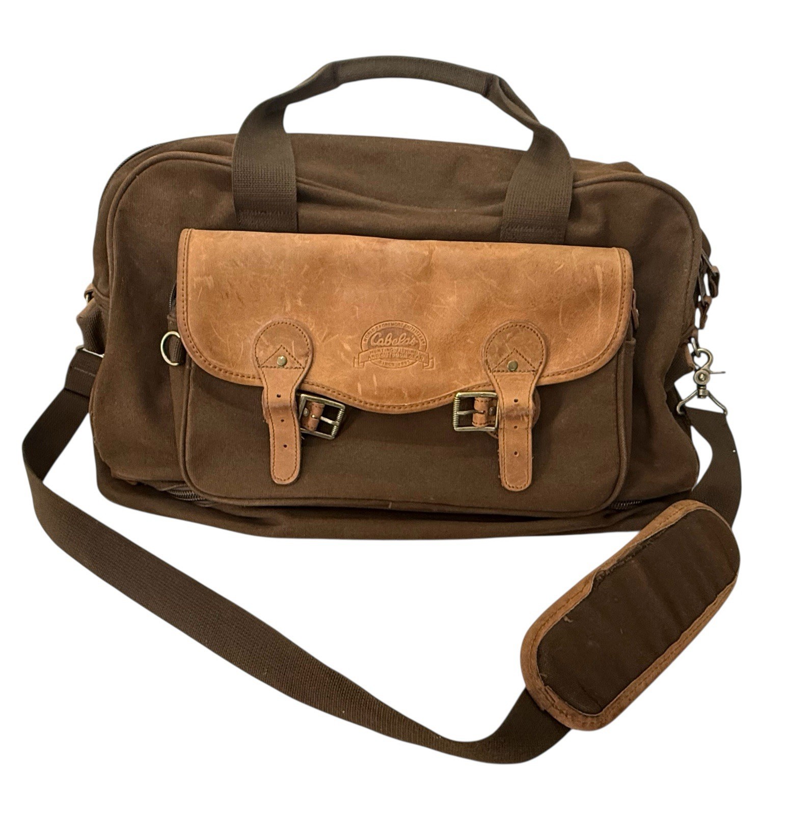 Cabelas Brown Olive Canvas & Leather Large/XL Duffle Bag Fishing Hunting Camping