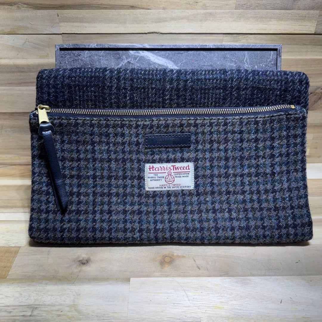 BEAUTY&YOUTH×Harris Tweed Clutch Bag Leather Navy 32x21cm