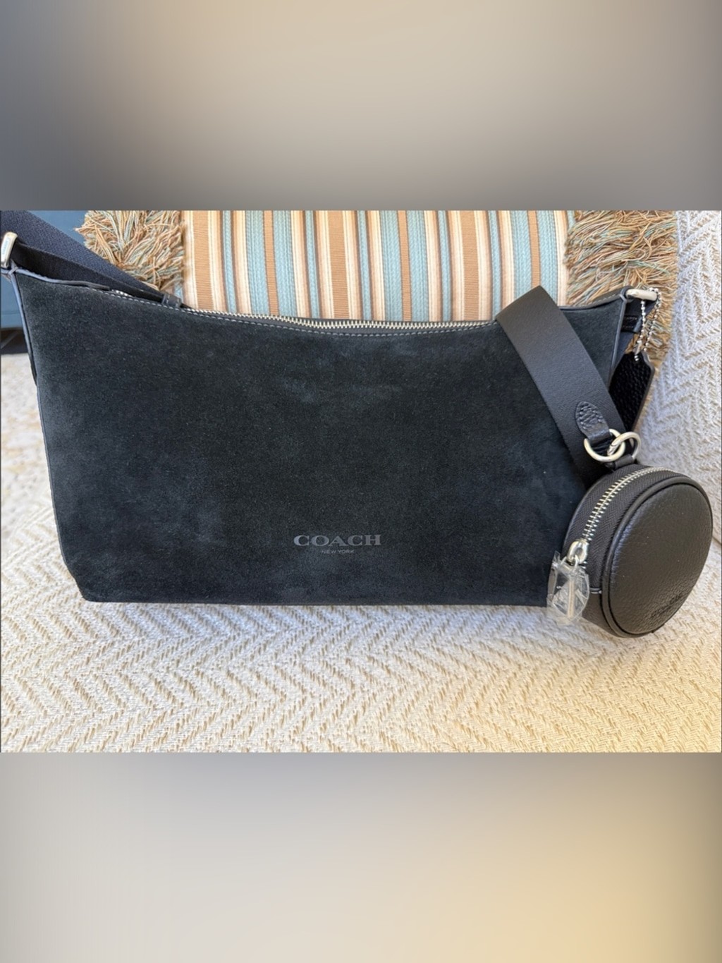 Coach Small Finn Black Suede Zip Crossbody Bag Round Coin Charm NWT Unisex