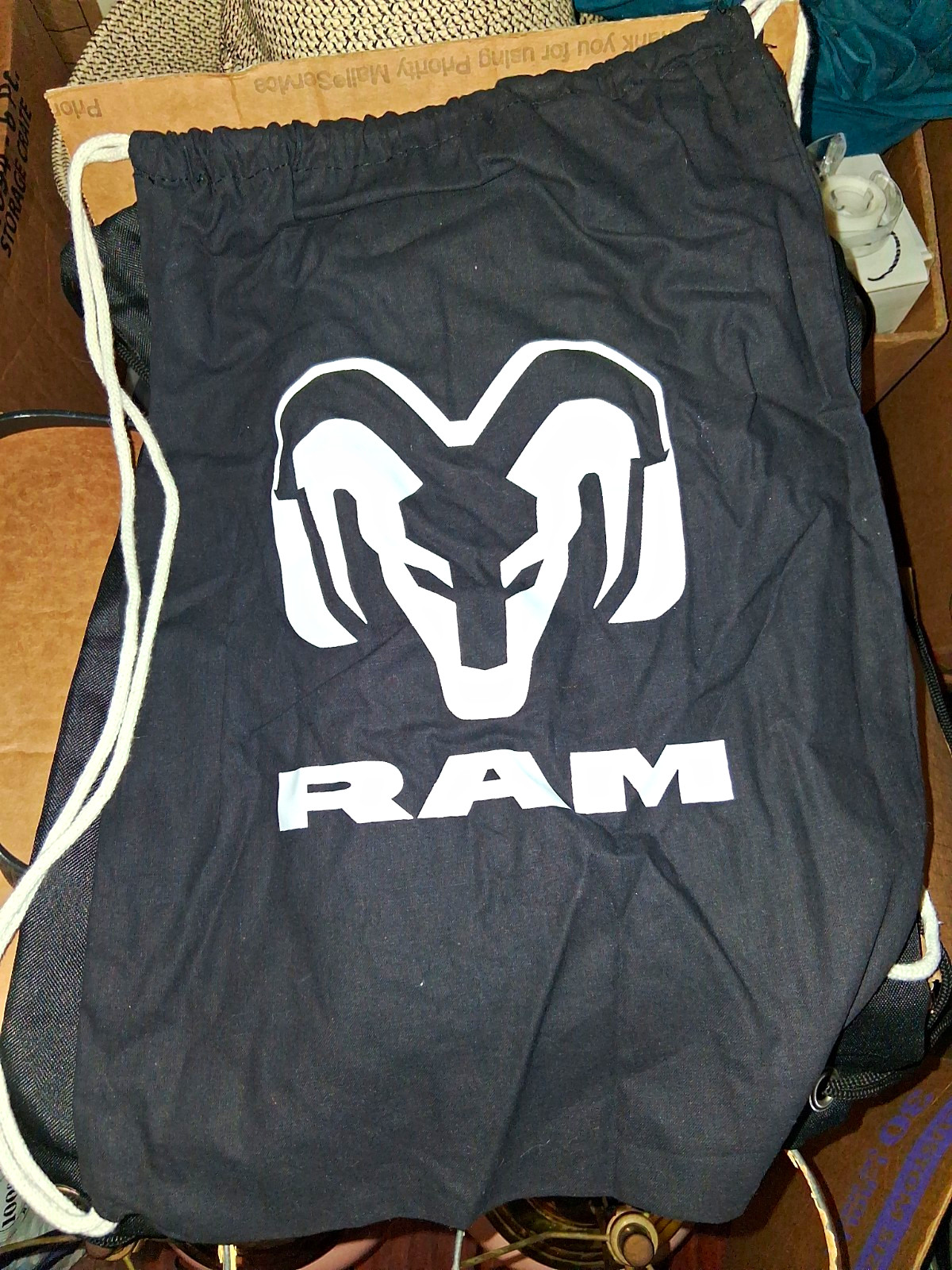 RAM Black Drawstring Backpack Bag w/ White Logo, Rope Straps Unisex Adult