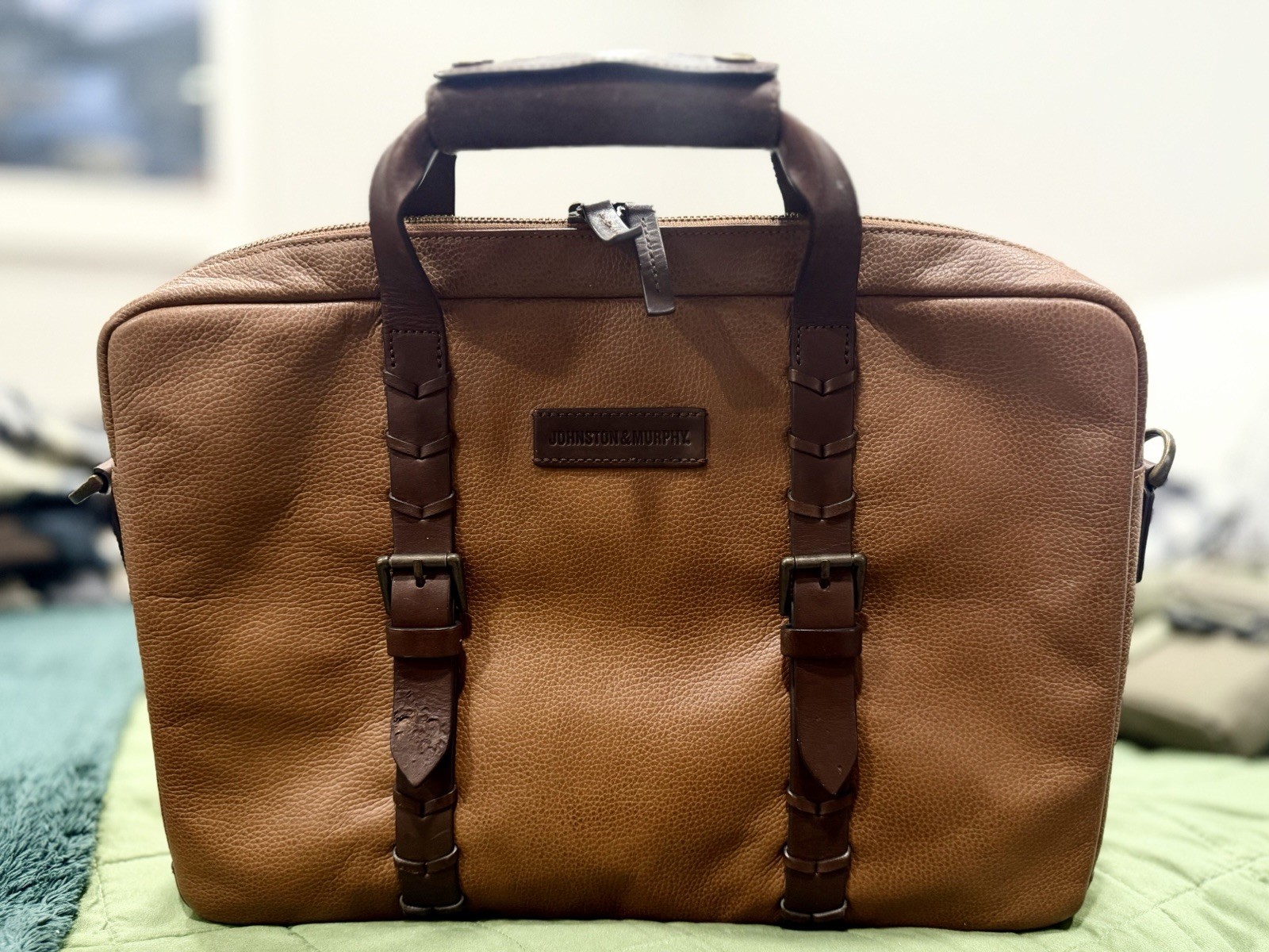Johnston & Murphy Leather Briefcase Laptop Bag Shoulder Bag with Shoulder Strap