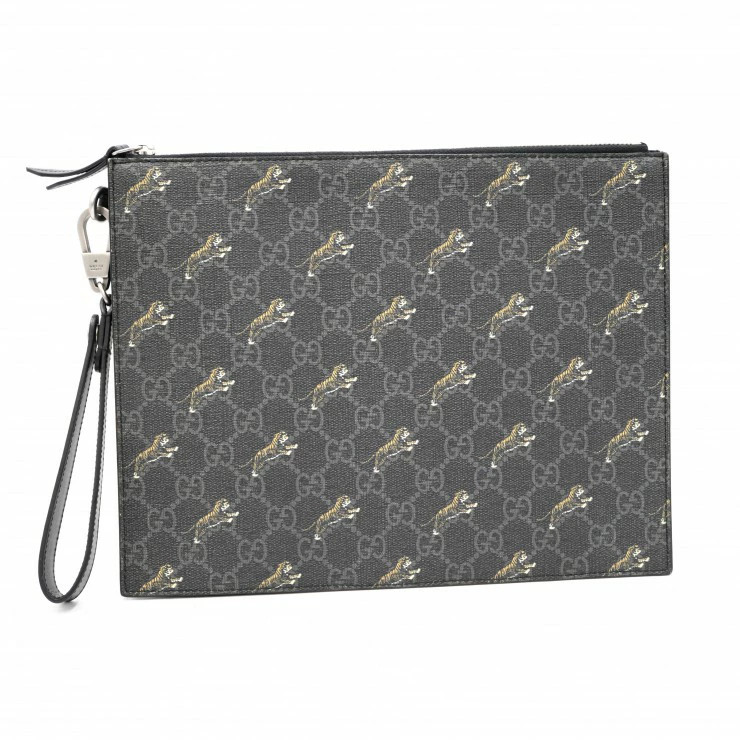 Gucci GG Supreme Tiger Print Clutch Bag Pouch Black PVC Leather Used