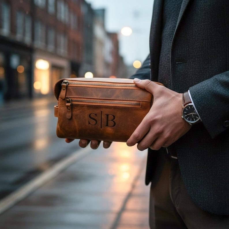 Real Leather Dopp Kit, Personalized Toiletry Travel Bag