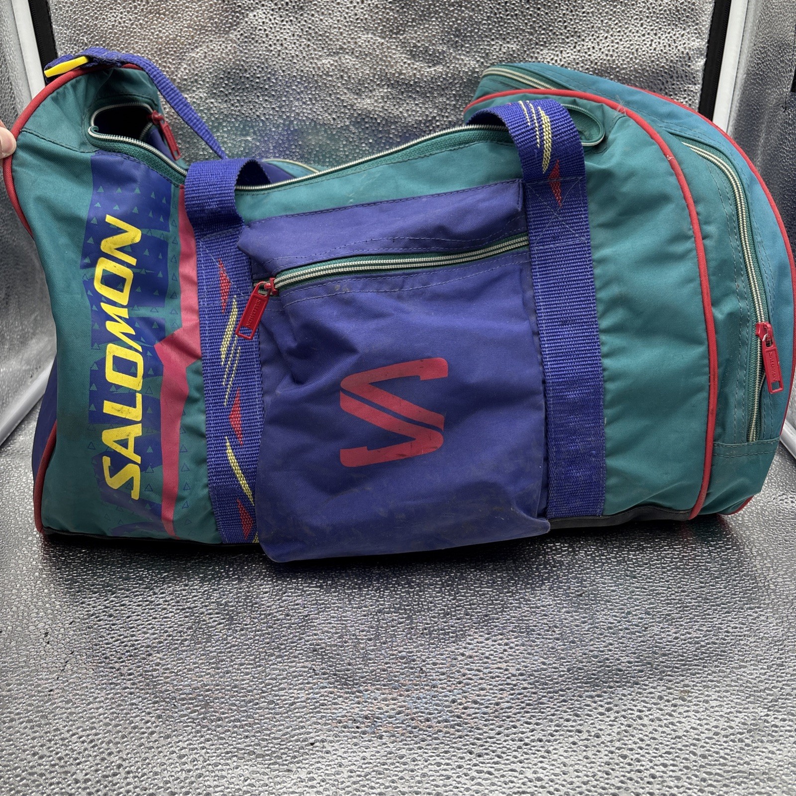 Vtg 90s Salomon Neon Duffle Bag Green Black Club Line Luggage 18″x12″x12″