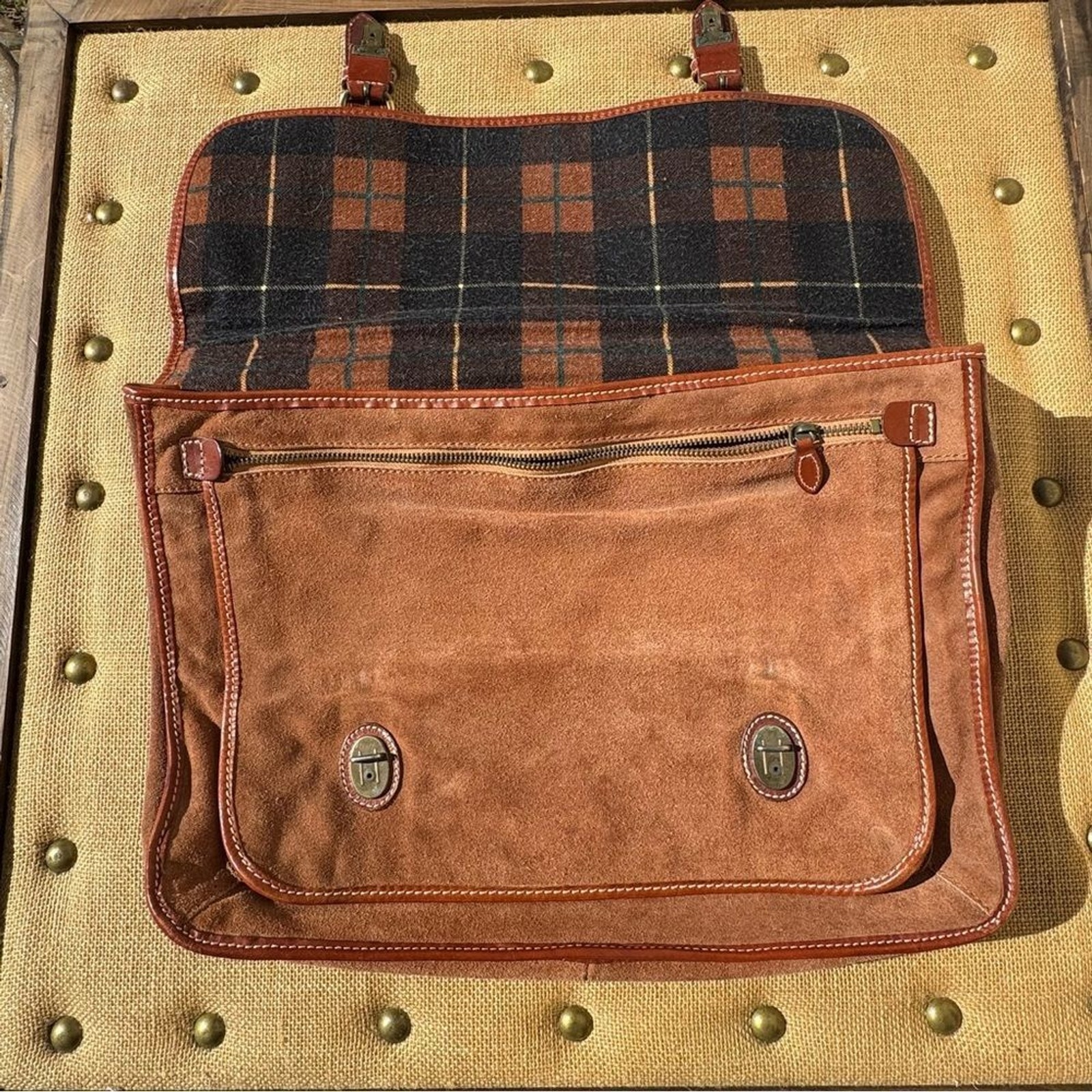 GoN Vintage Leather Suede Briefcase Messenger Bag Brown Plaid Lined 17”