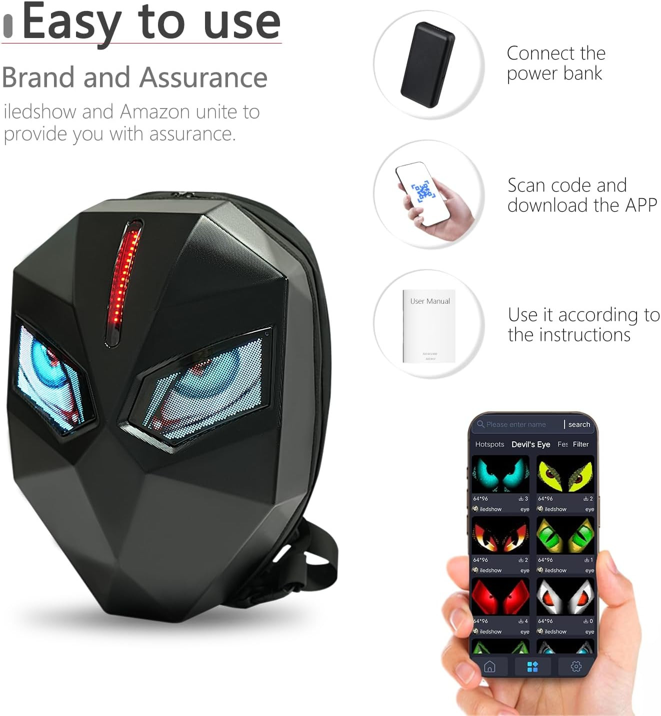 Motorcycle Backpack for Men, LED Backpack with DIY Programmable Full Color Scree