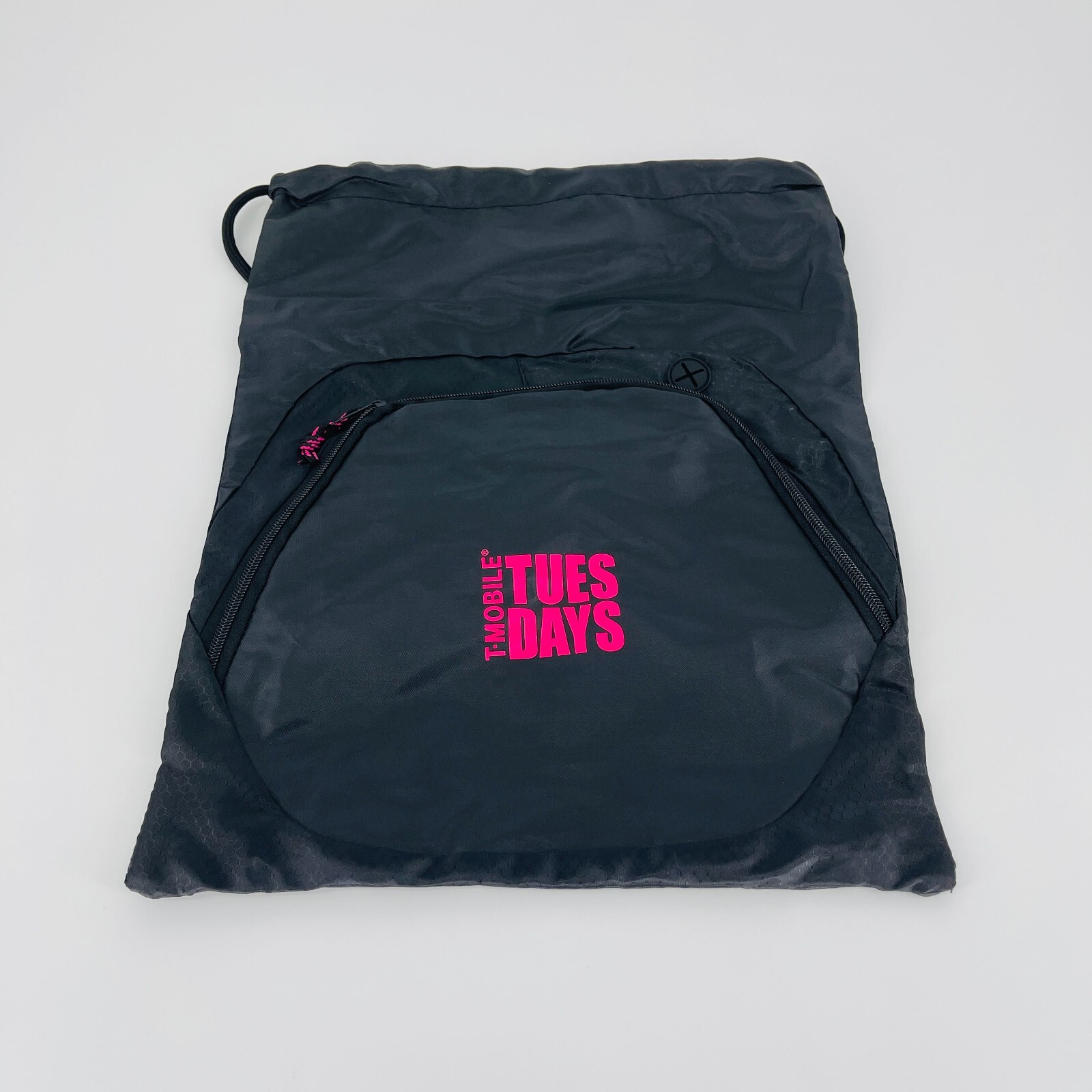 T-Mobile Black Lightweight Drawstring Backpack Zipper Compartment Pink Logo -New