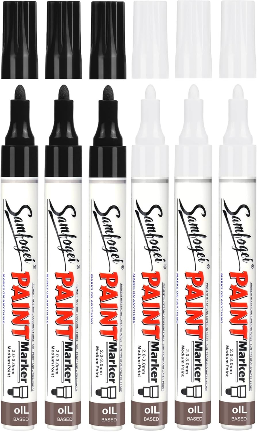 6 Pack Black & White Permanent Paint Pens,Two-Color Medium Tip Oil Based Paint M