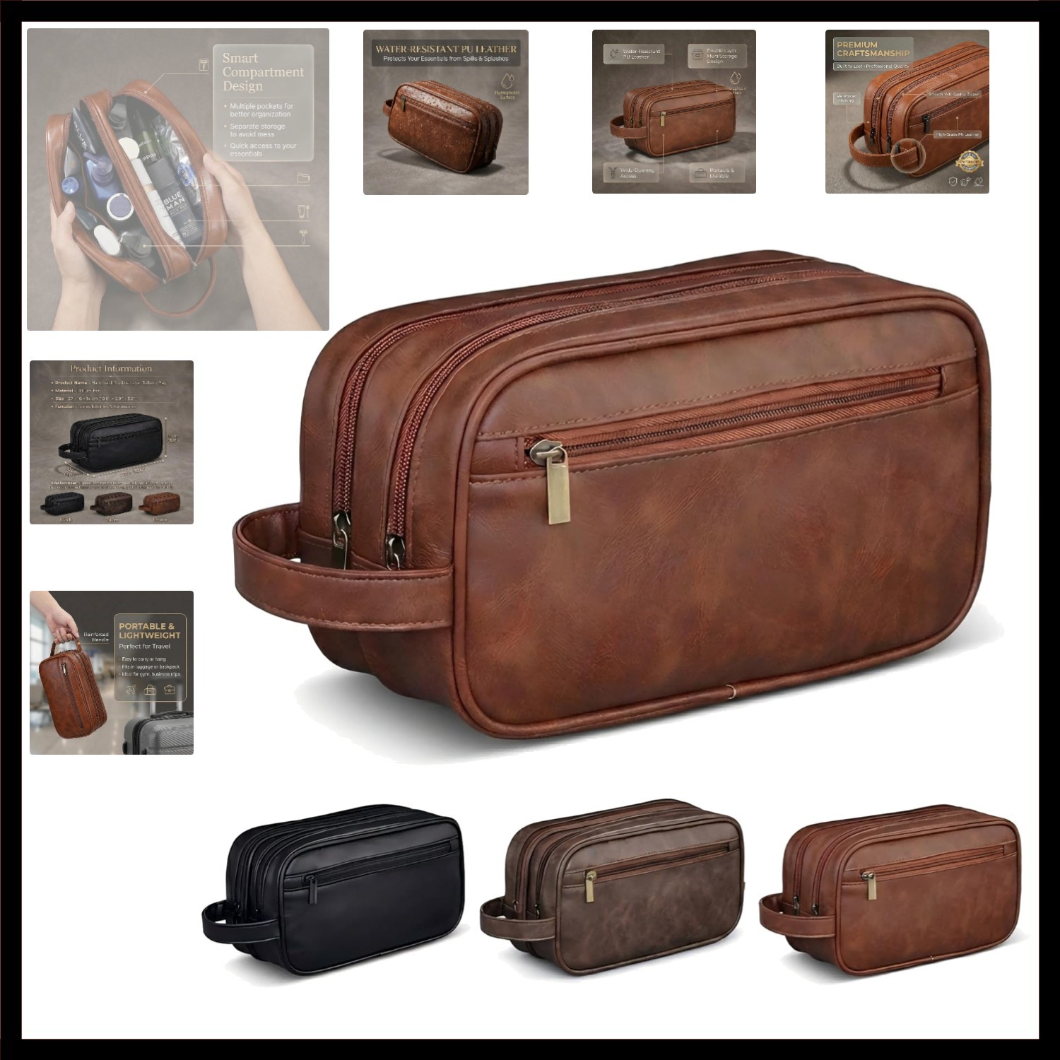 Men’s Toiletry Bag Travel Dopp Kit – double-deck PU Leather Water-Resistant S…