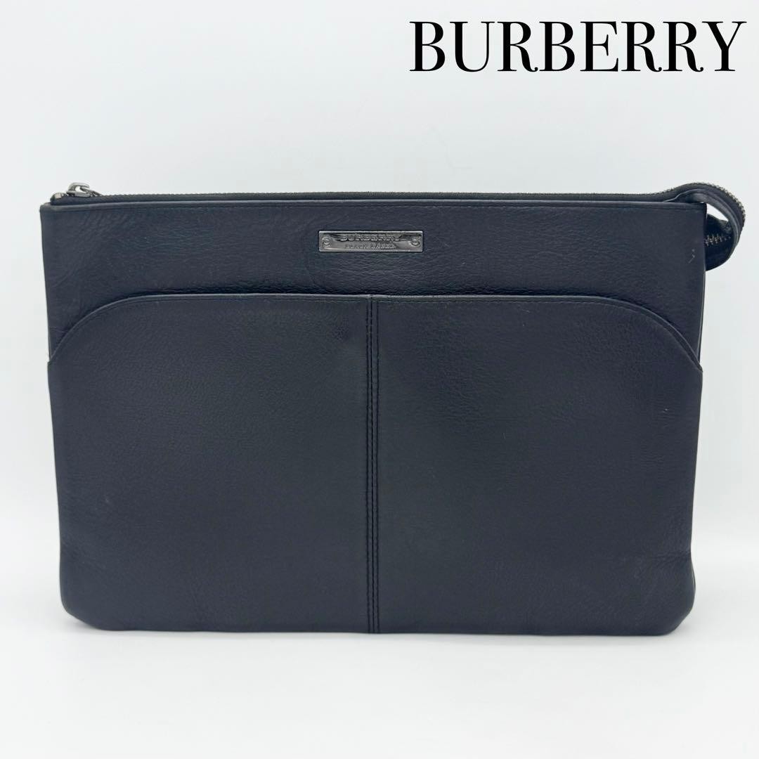 Authentic Burberry Leather Clutch Bag Men’s Black 34cm x 24cm Stylish Condition